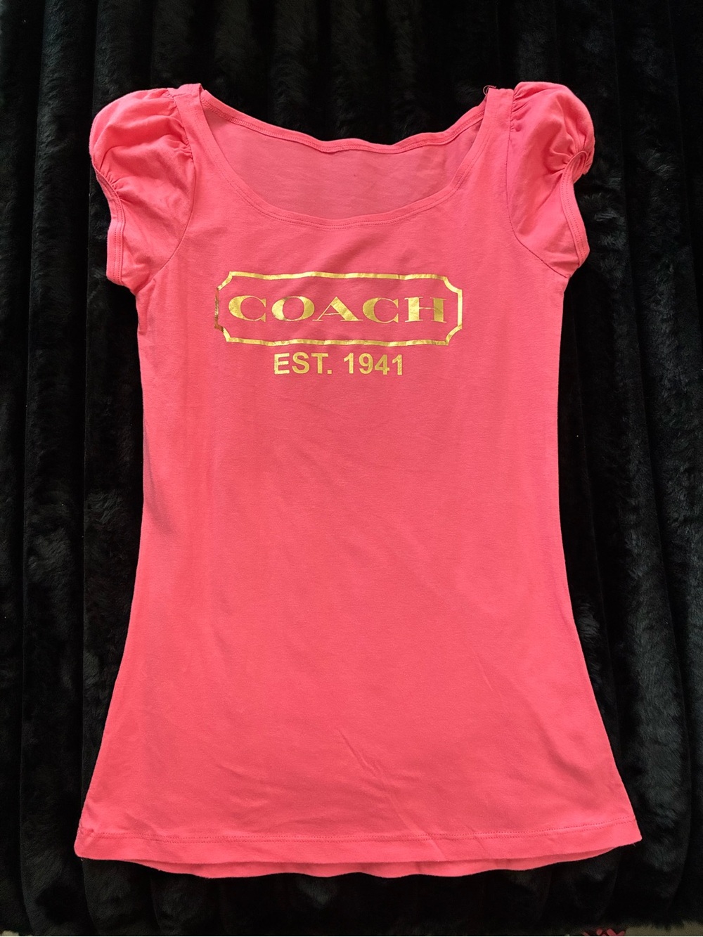 New Coach Coral/Gold Puff Sleeve T-shirt Size M